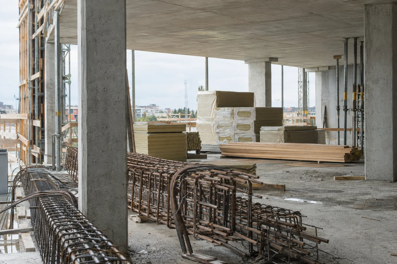 Concrete, steel and other materials on a construction site