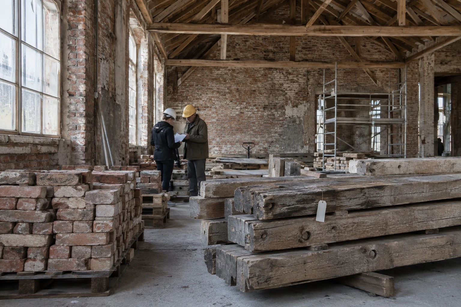 Dismantled timber beams and bricks for reuse