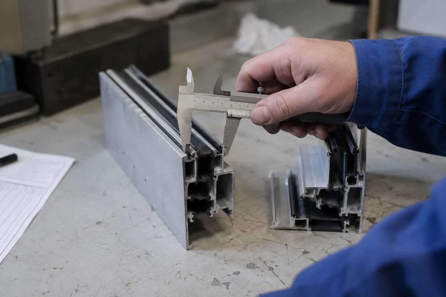Measuring an aluminium profile with a caliper