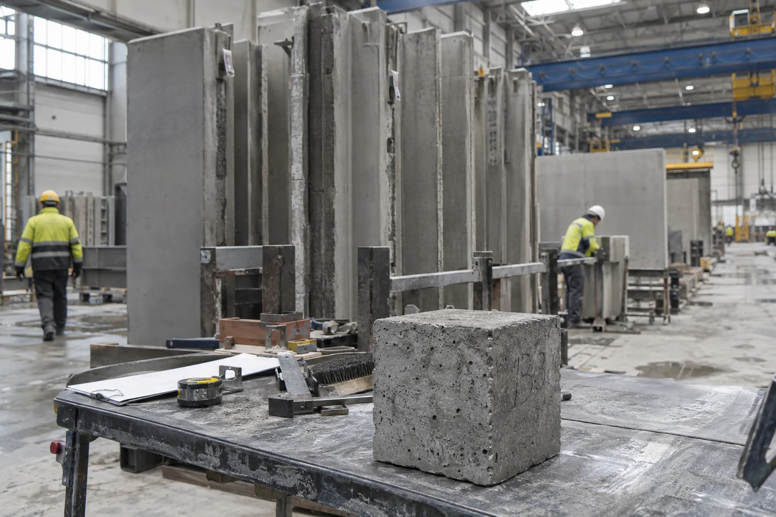 Concrete panels and a test specimen in a factory