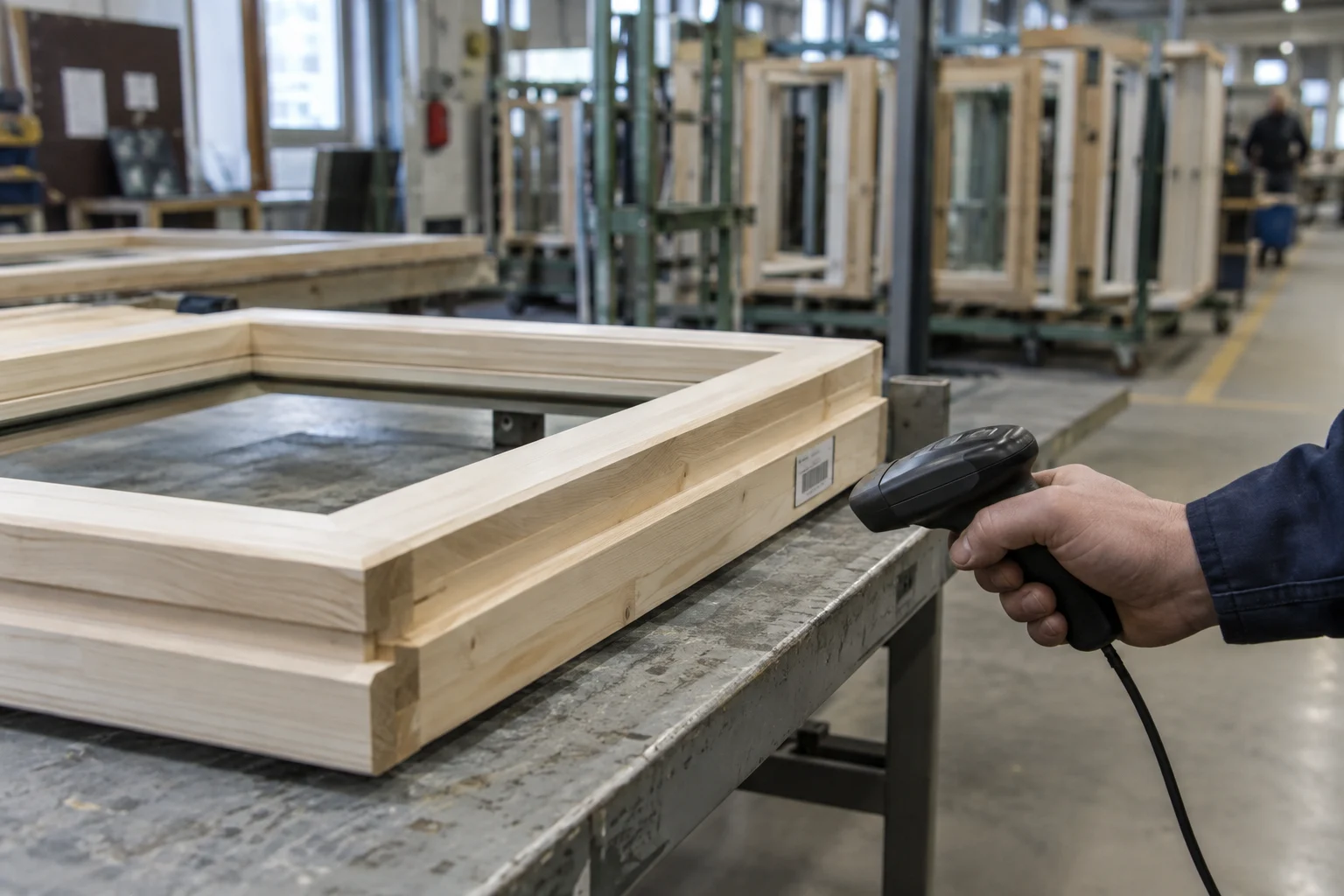 Scanning a window frame identifier on a production line