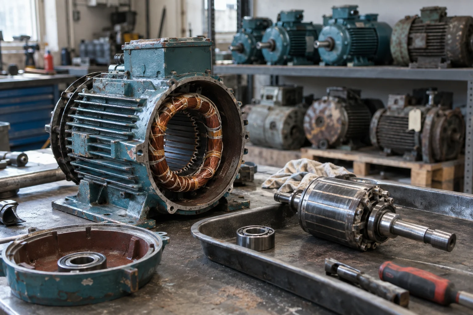 An electric motor disassembled for component inspection